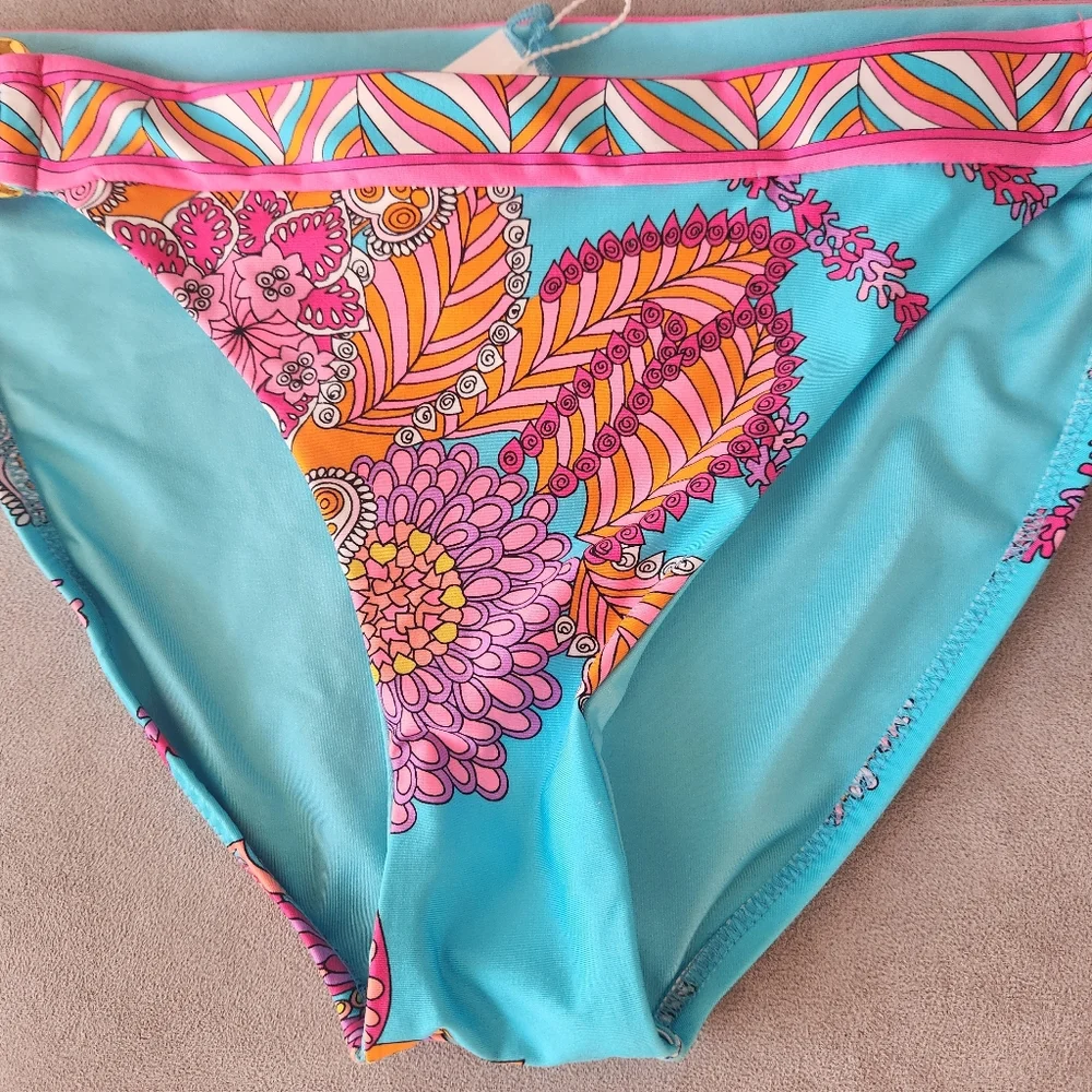 Trina Turk bikini bottom 10 Meilani turquoise pink floral cheeky boho new $88